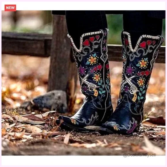 Women's Embroidered Western Knee High Boots, Chunky Low Heel, Wide Calf - Picture 7 of 7